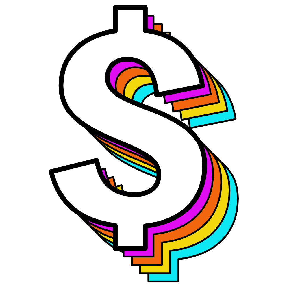 Stylized white dollar sign with rainbow-colored shadows