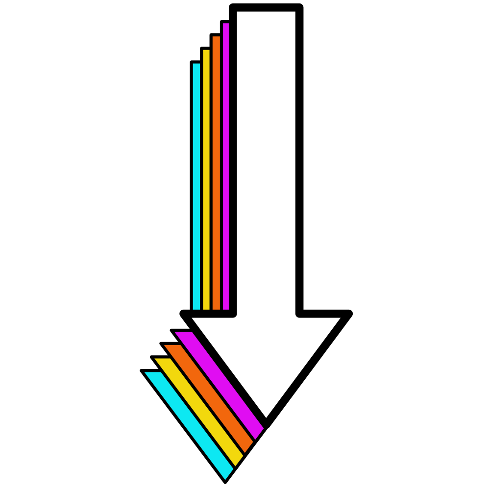 A colorful arrow pointing downward, with rainbow-colored stripes on the arrowhead and shaft