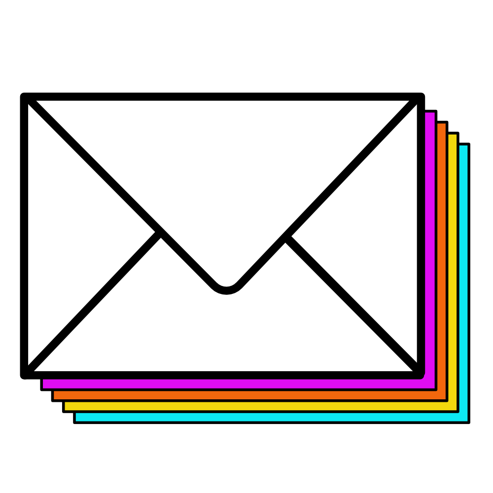 Illustration of an envelope with colorful sheets of paper behind it