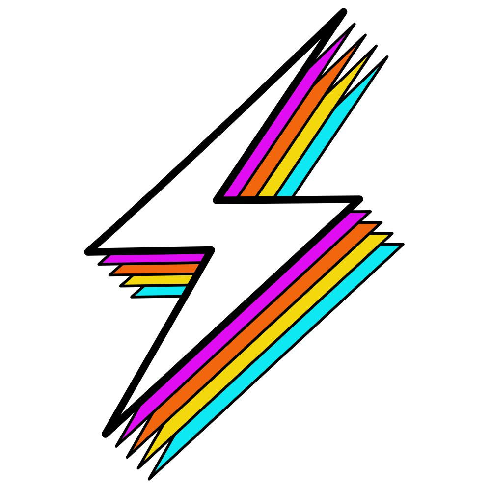 A white lightning bolt with colorful streaks in pink, orange, yellow, and blue behind it