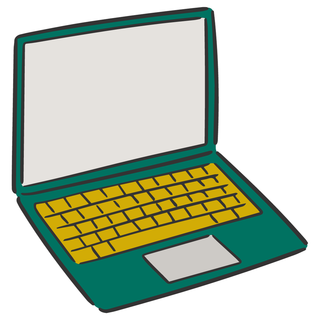 A digital illustration of an open laptop with a blank screen, yellow keyboard, and gray touchpad.
