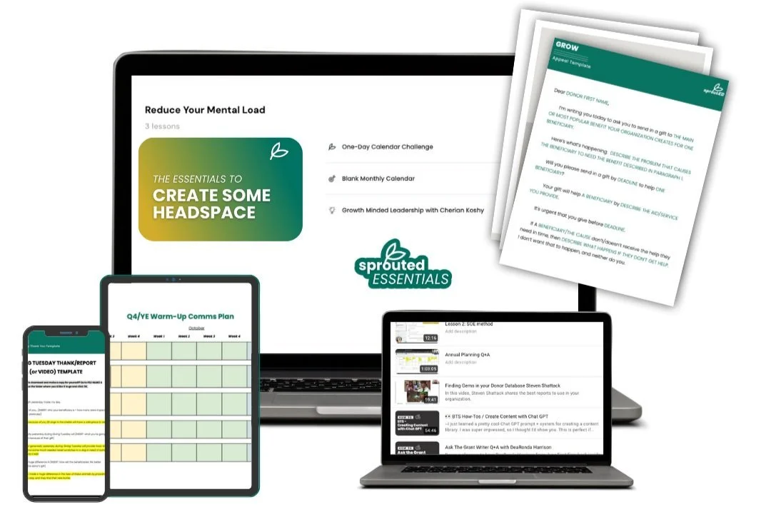 Digital devices displaying donor engagement templates and plans, including a laptop, tablet, smartphone, and printed documents for nonprofit organization activities.