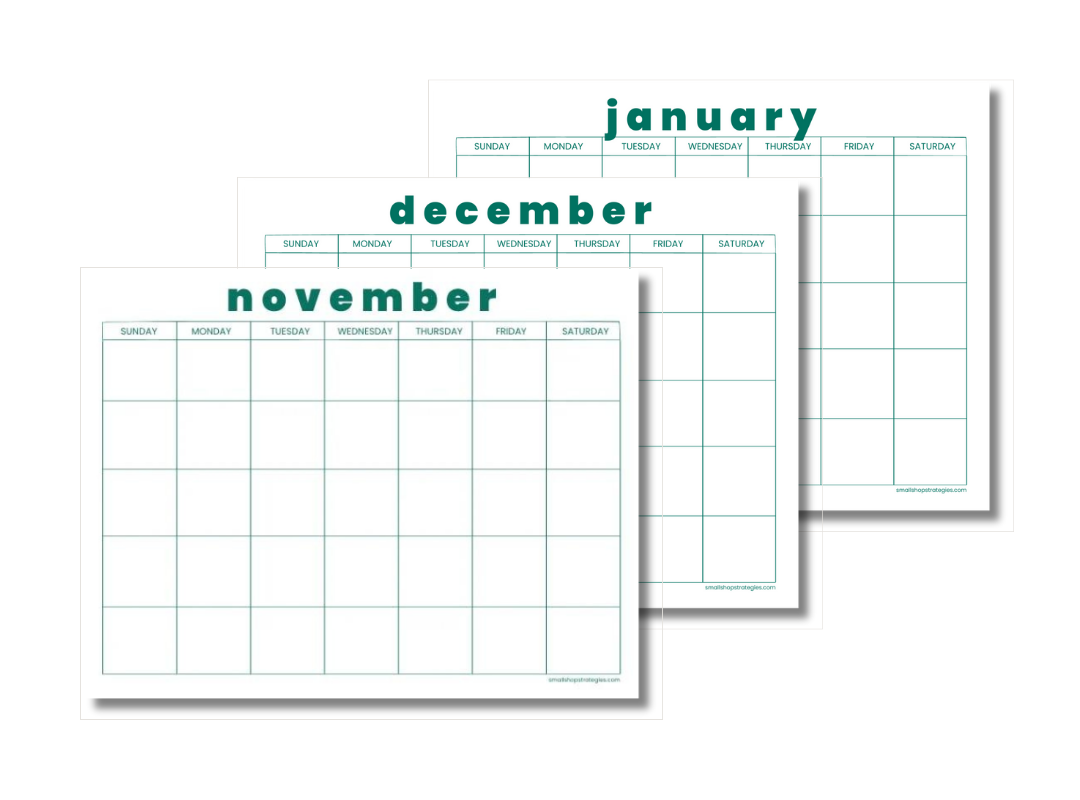 Three blank monthly calendars for January, December, and November, with days of the week labeled from Sunday to Saturday, designed for planning and organization.
