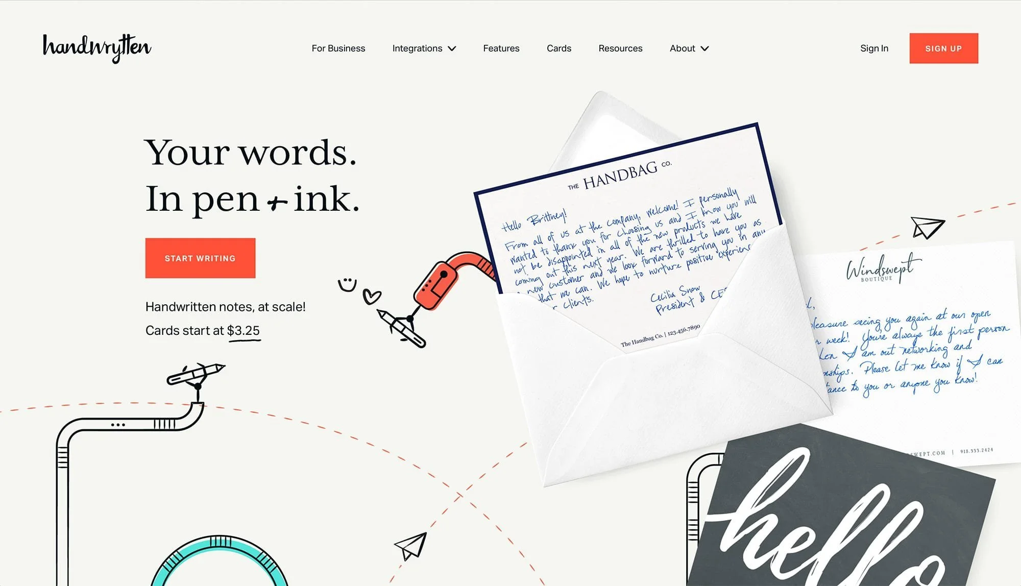 Website homepage for handwritten notes service. Features text "Your words. In pen + ink." and a red button labeled "Start Writing." Showcases handwritten notes, envelopes, and illustrations of pens and mail icons.