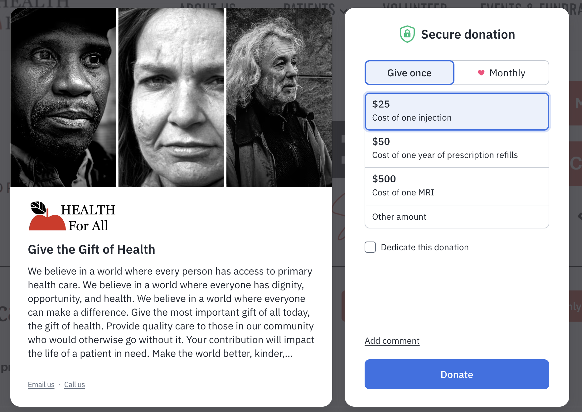 A crowdfunding webpage for health donations featuring three black and white portrait photos of diverse individuals and a text section explaining the organization's mission, with a donation panel on the right offering options for one-time or monthly giving and specific donation amounts.