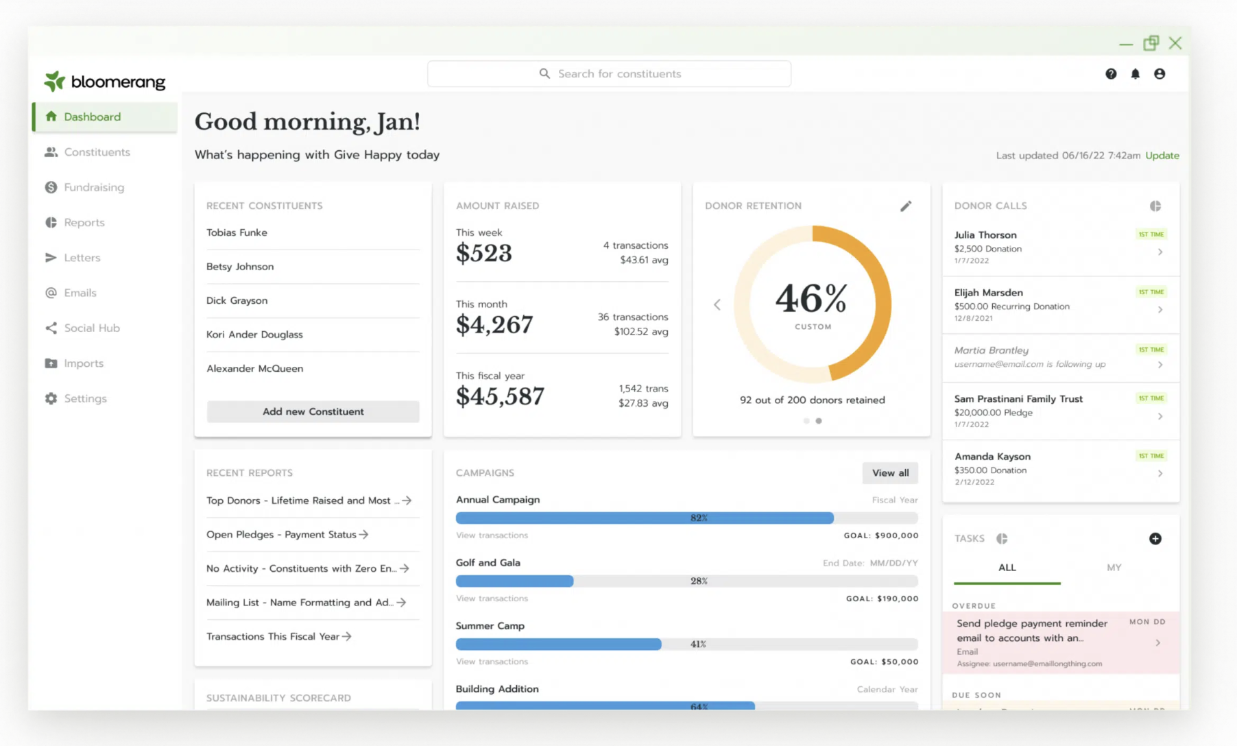 Screenshot of a nonprofit fundraising dashboard showing donation stats, recent contributors, research reports, campaign progress, and a navigation menu.