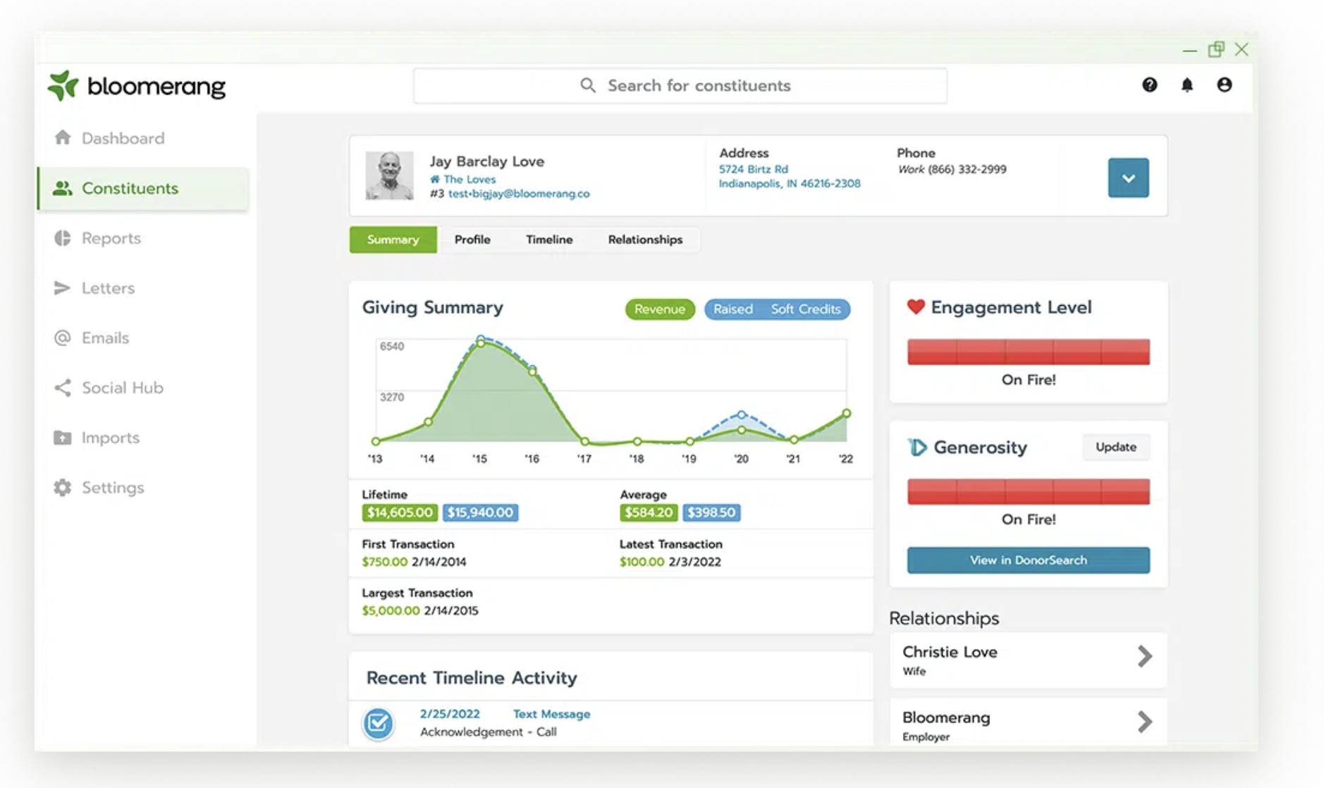 Screenshot of a user profile dashboard on Bloomerang with summarized charitable giving data, engagement and generosity levels, transaction history, and contacts.