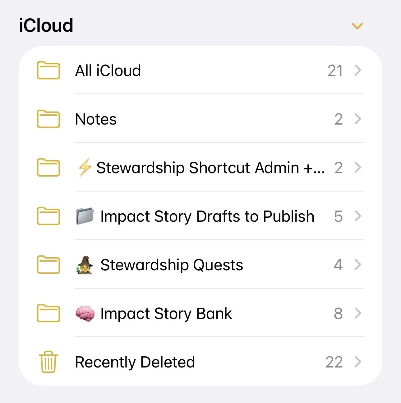 Screenshot of an iCloud folder directory with folders named All iCloud, Notes, Stewardship Shortcut Admin, Impact Story Drafts to Publish, Stewardship Quests, Impact Story Bank, and Recently Deleted.