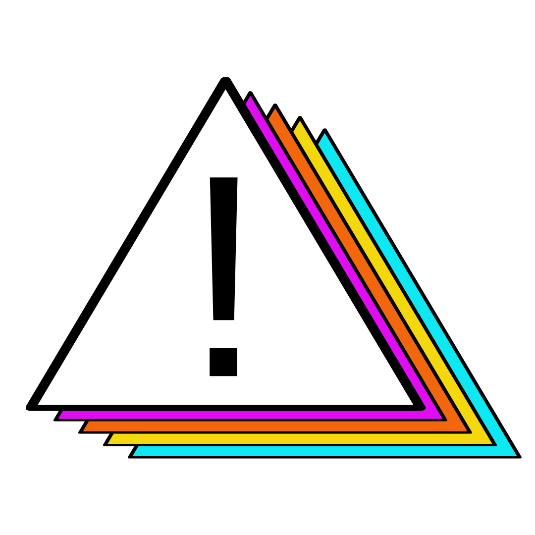 A warning sign with a large black exclamation mark inside a white triangle, outlined with colorful layered borders including pink, orange, yellow, green, and blue