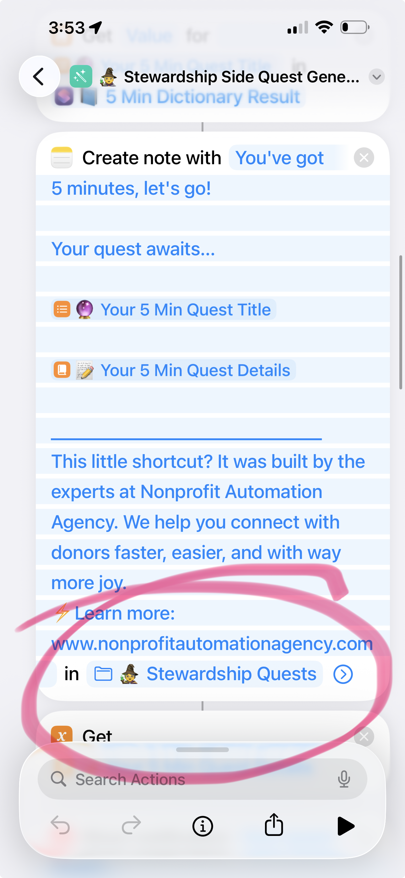 Screenshot of a mobile phone displaying a webpage about stewardship quests, with a note about a nonprofit automation agency and a URL link to nonprofits. There is a pink circle and arrow drawn around the link and related text.