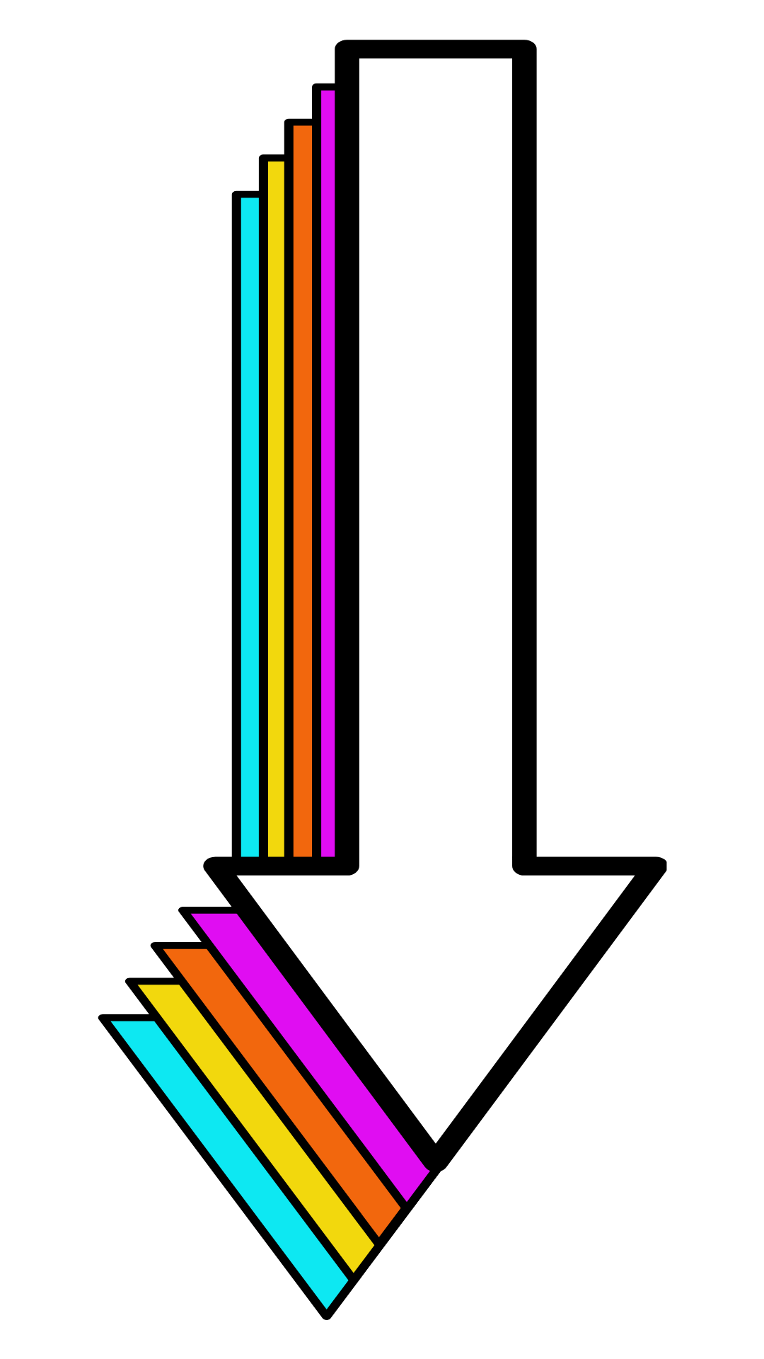 A white downward arrow surrounded by colorful rainbow-colored lines