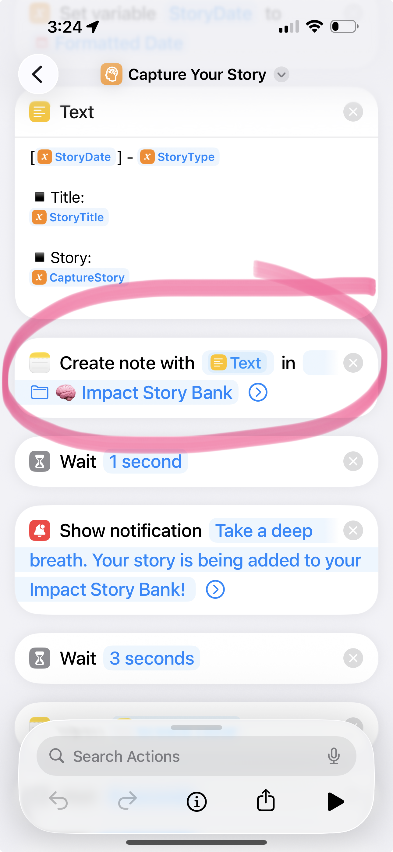 Screenshot of a mobile automation workflow for creating a note in Impact Story Bank, with steps including creating a note, waiting, showing a notification, and additional waiting.