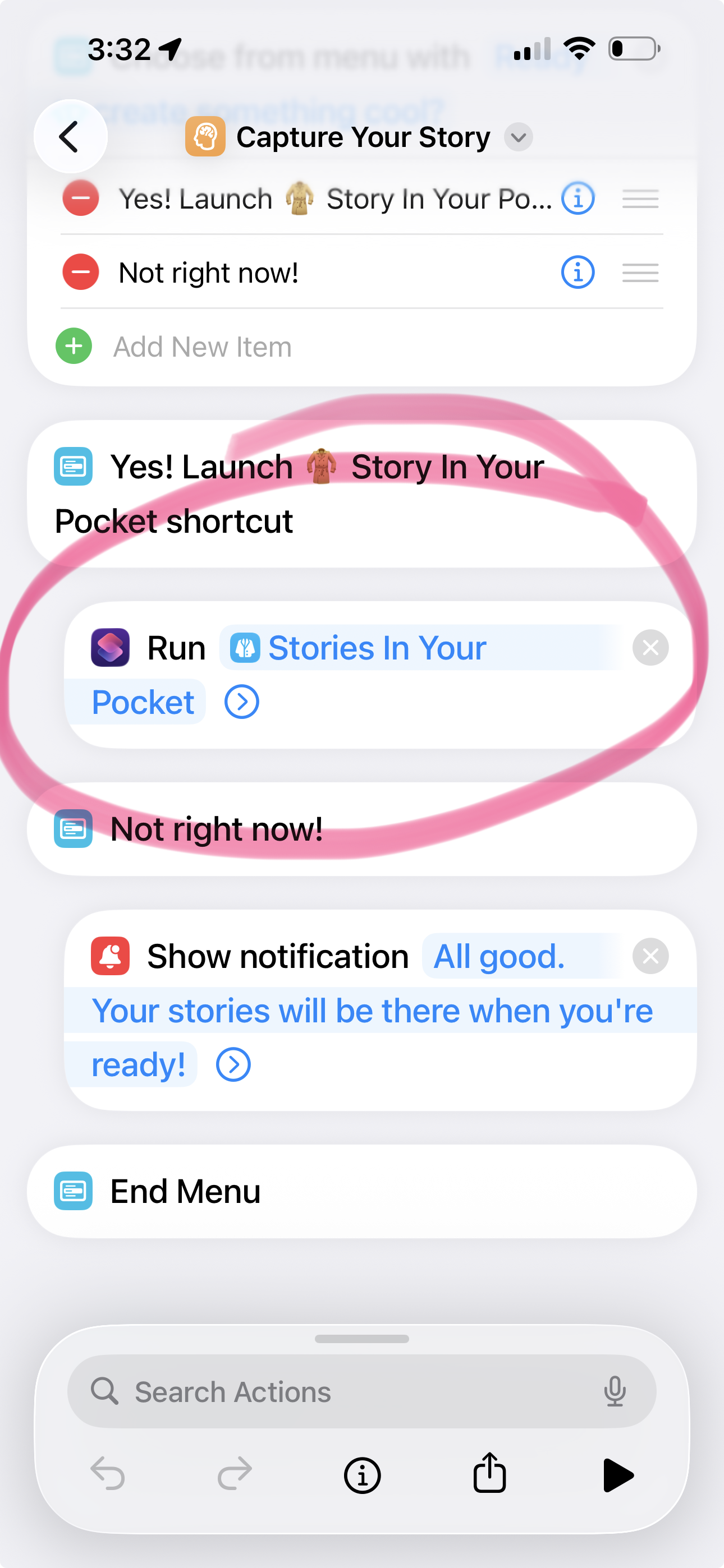 Screenshot of a mobile device showing a series of automation actions in a shortcuts app, including launching a story in a pocket app, running stories in a pocket, and showing a notification.
