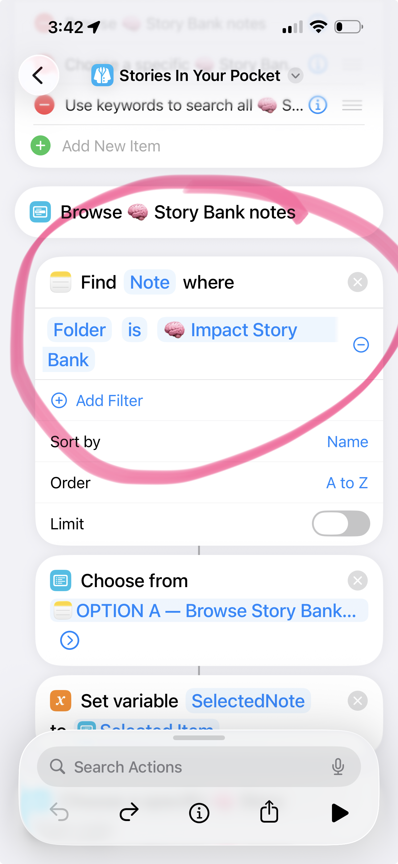 Screenshot of a mobile app interface for managing story notes, showing options to browse story bank notes, find notes in a folder named 'Impact Story Bank', and select options for filtering and sorting.