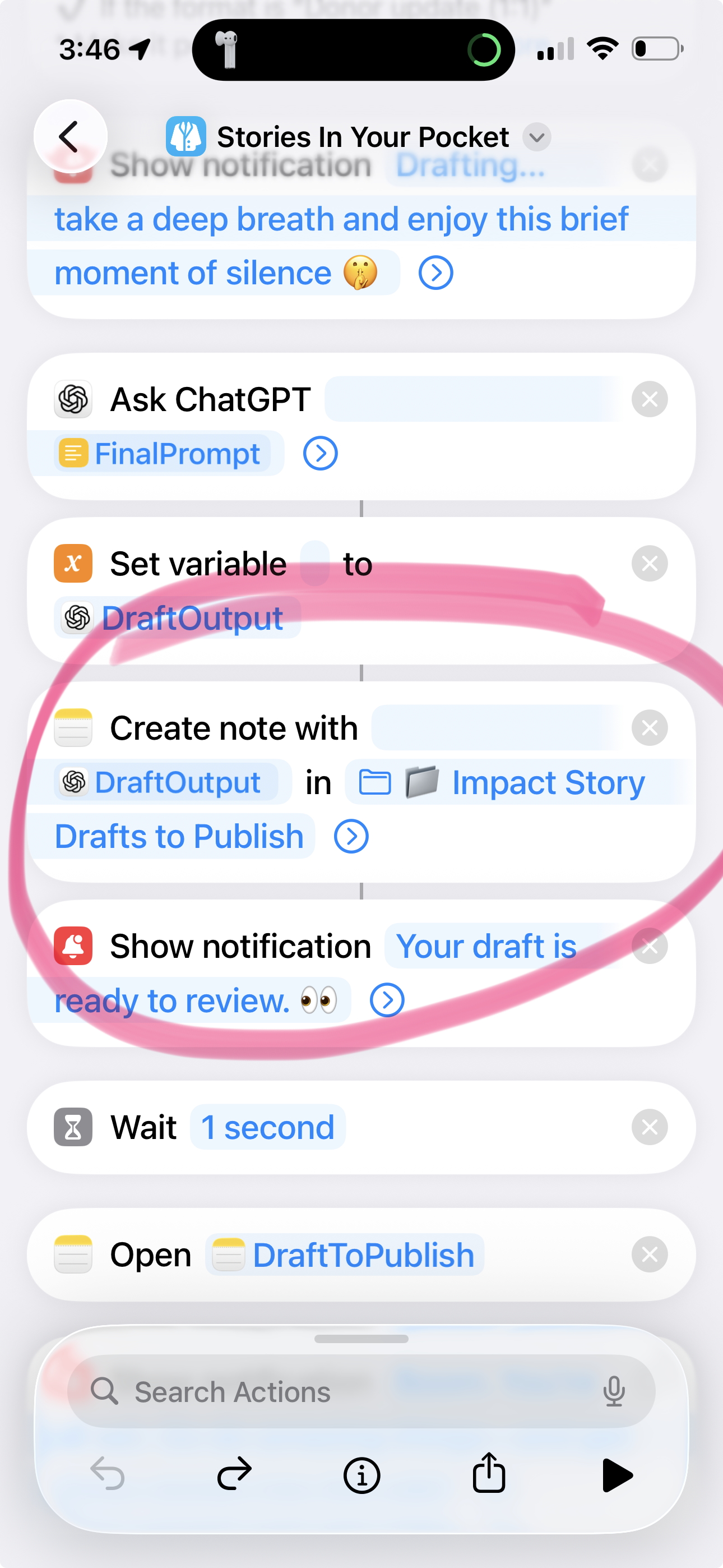 Screenshot of a mobile device displaying a workflow automation. The workflow includes creating a note in the 'Impact Story Drafts to Publish' folder with content from a variable, and then showing a notification that the draft is ready to review, followed by a wait step and opening the draft to publish.
