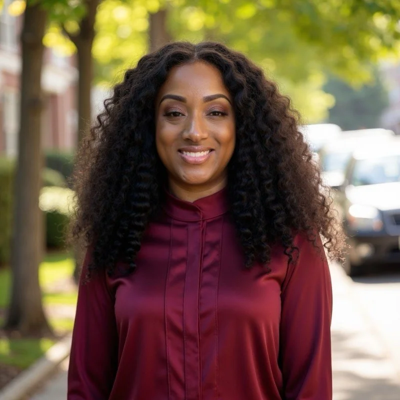 Professional woman smiling outdoors, wearing a burgundy blouse, with long curly hair, standing on a tree-lined sidewalk