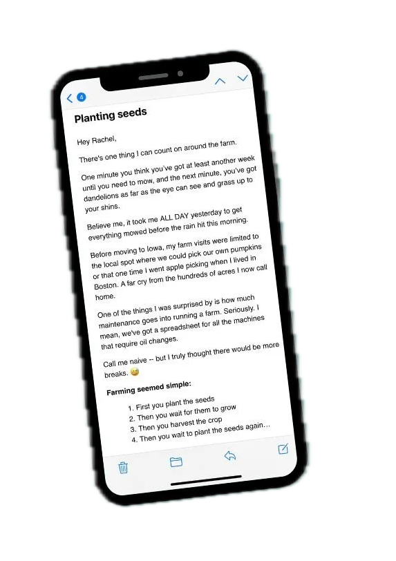 Phone displaying a text message titled 'Planting seeds,' sharing farming tips and experiences.