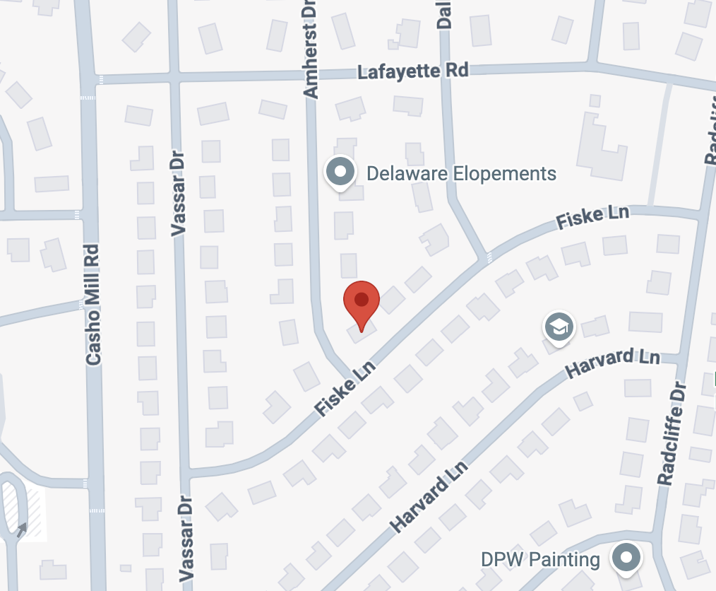 Map showing streets and landmarks including Delaware Elopements, DPW Painting, and nearby residential homes.