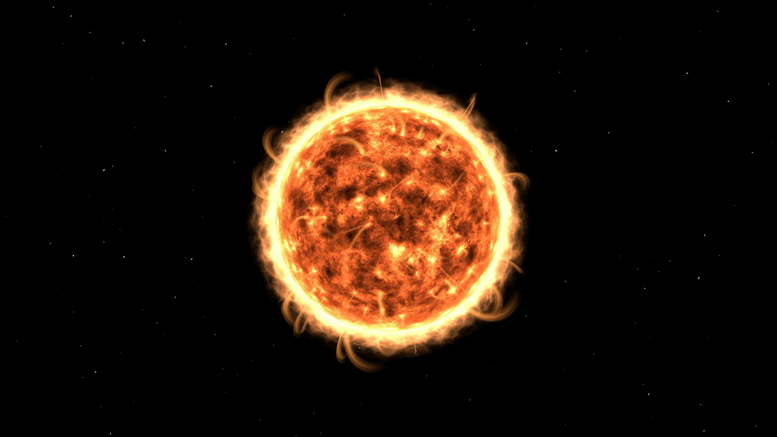 Digital image of the sun with bright fiery surface and a glowing corona, set against a dark space background with small white stars.