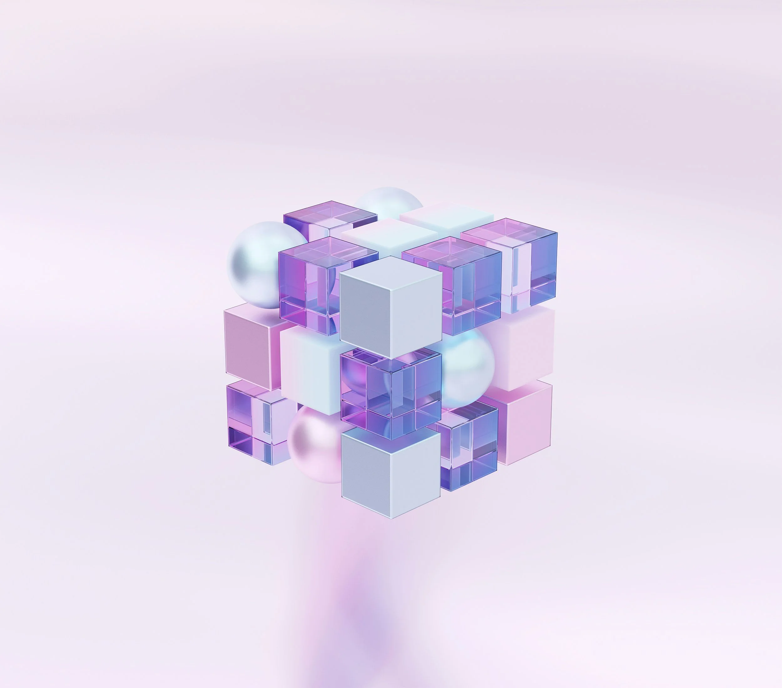 A digital abstract composition of pastel-colored cubes and spheres with a reflective and translucent surface, arranged in a 3D geometric formation on a light, gradient background.