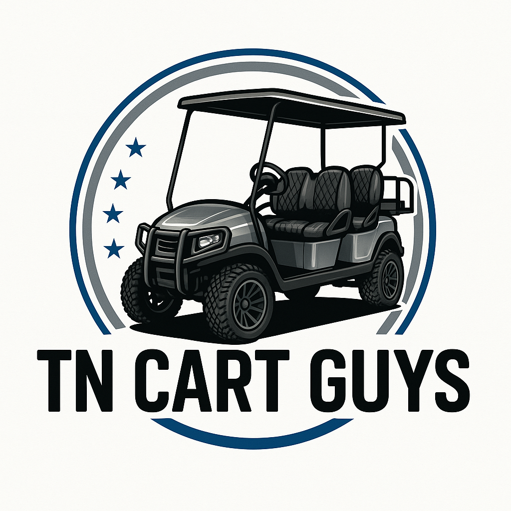 A logo for TN Cart Guys featuring a black and gray golf cart with six seats and large wheels, surrounded by a circular design with blue stars on the left side and the text "TN CART GUYS" below.