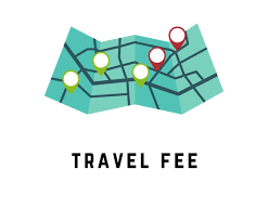 Map with colored dots and lines, labeled 'Travel Fee'