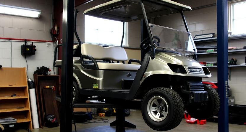A silver Yamaha golf cart with a windshield, parked inside a garage.