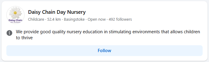 Facebook page for Daisy Chain Day Nursery.