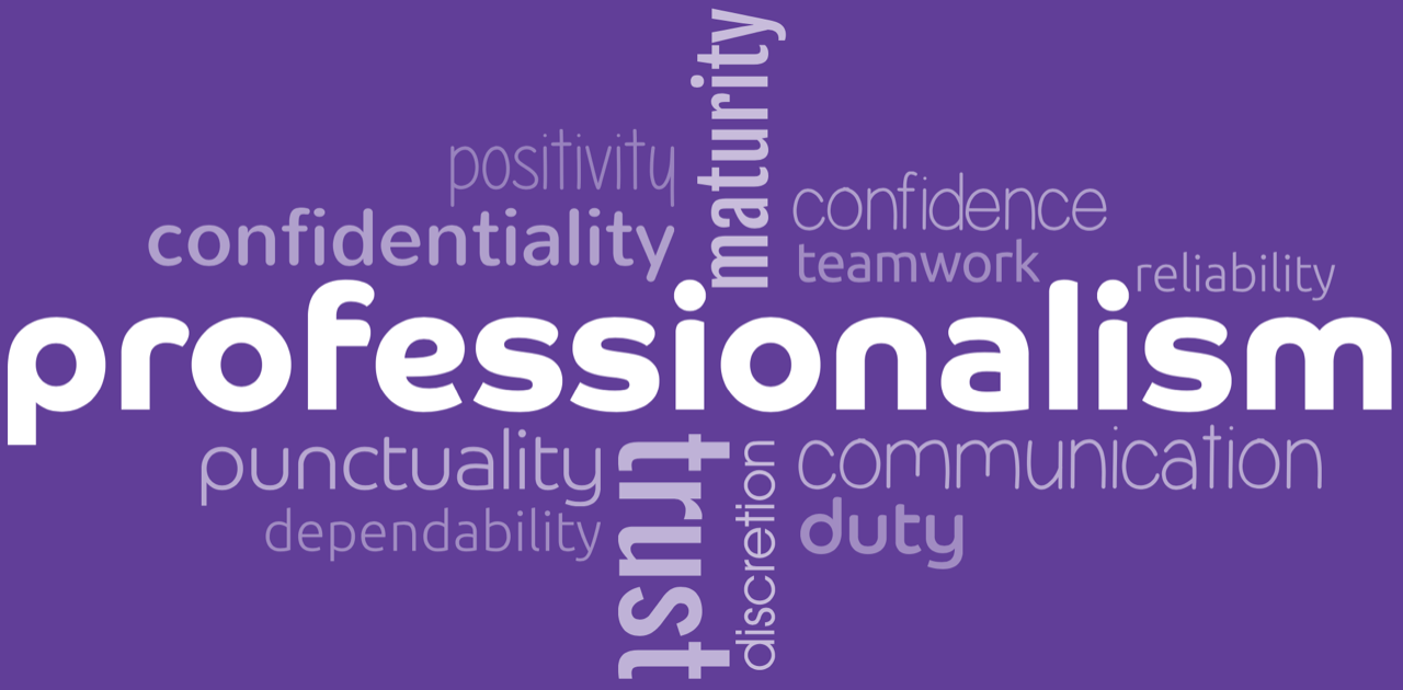 A word cloud with words related to professionalism, including 'professionalism,' 'confidence,' 'reliability,' 'teamwork,' 'positivity,' 'discretion,' 'communication,' 'duty,' 'dependability,' 'punctuality,' 'trust,' and 'maturity' in various sizes and shades of purple.