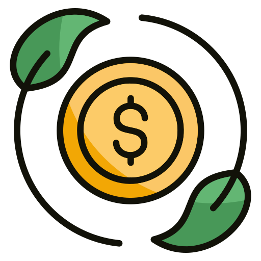 Illustration of a gold coin with a dollar sign and two green leaves around it.