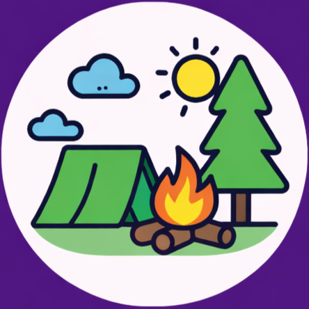 Illustration of a camping scene with a tent, a campfire, and a tall pine tree under a sunny sky with clouds.