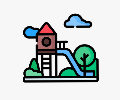 Simple illustration of a playground slide with a tower, trees, clouds, and a ladder.