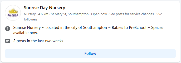 Facebook page for Sunrise Day Nursery.