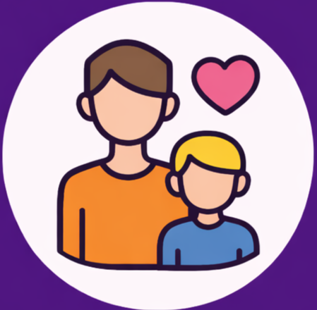 An illustration of a person and a child with a pink heart above them, set against a purple background.