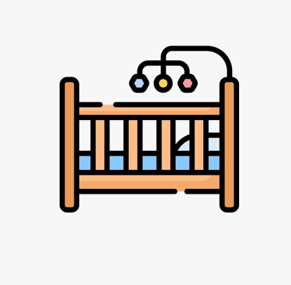 Illustration of a baby crib with hanging toys.