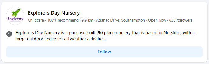 Facebook page for Explorers Day Nursery.
