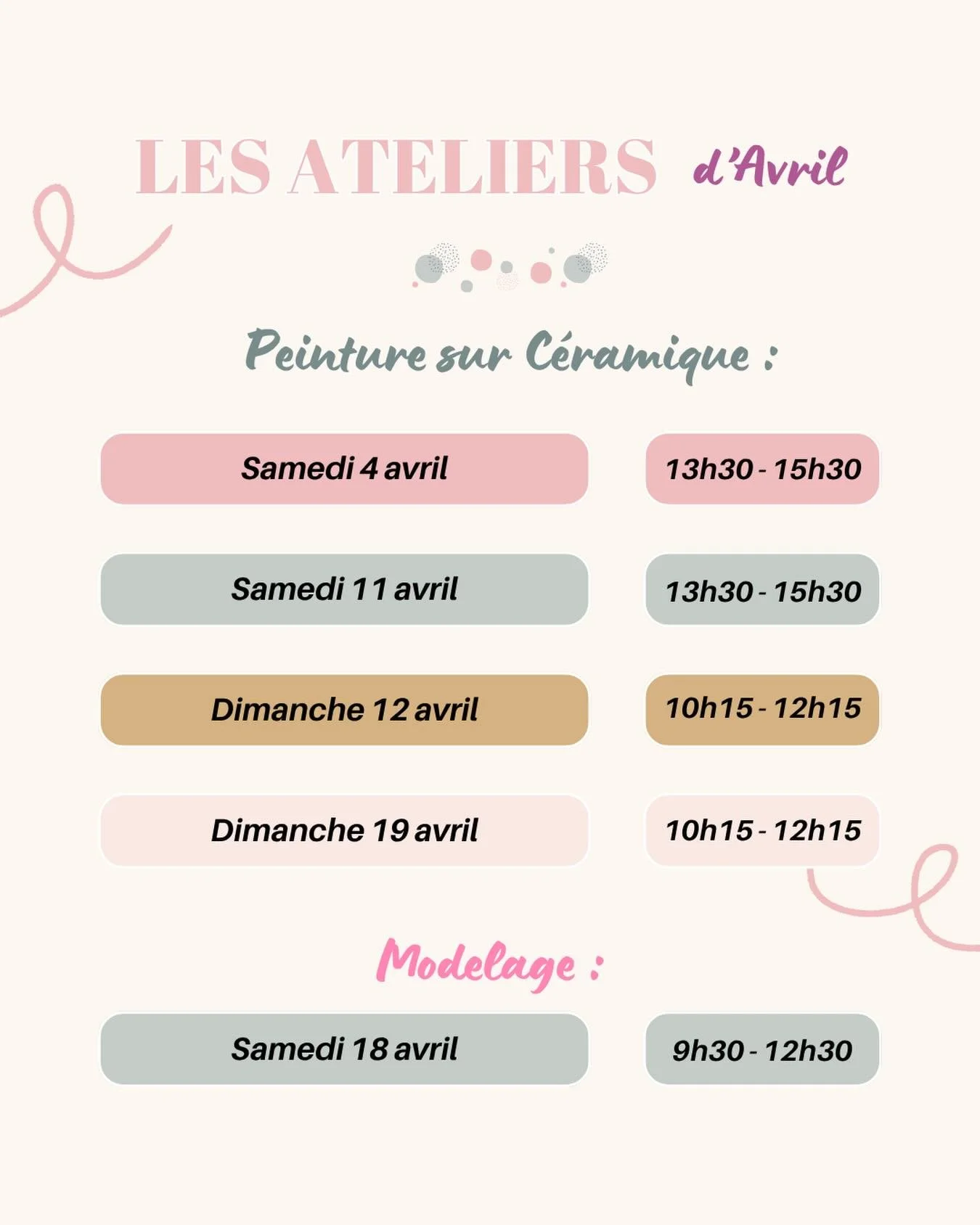 ✨ Les ateliers d&rsquo;avril sont en ligne ✨
Envie de prendre un moment pour toi, cr&eacute;er, tester&hellip; ou simplement te d&eacute;tendre ?

Peinture sur c&eacute;ramique ou modelage, chacun trouve son rythme, m&ecirc;me sans exp&eacute;rience.
