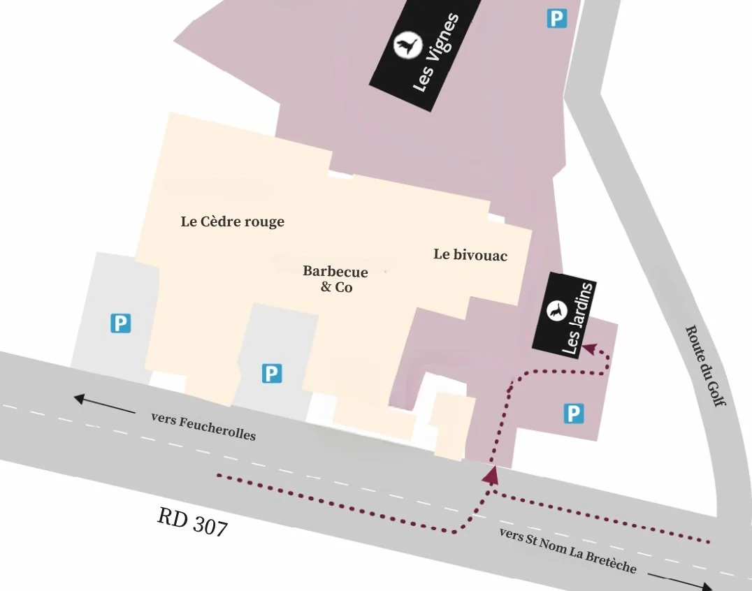 Carte d'un domaine viticole avec sections nommées Le Cèdre rouge, Barbecue & Co, Le bivouac, Les Jardins et Les Vignes, avec parking, routes cheminant vers Feucherolles et La Bretèche, et une zone de stationnement et un chemin menant aux jardins.