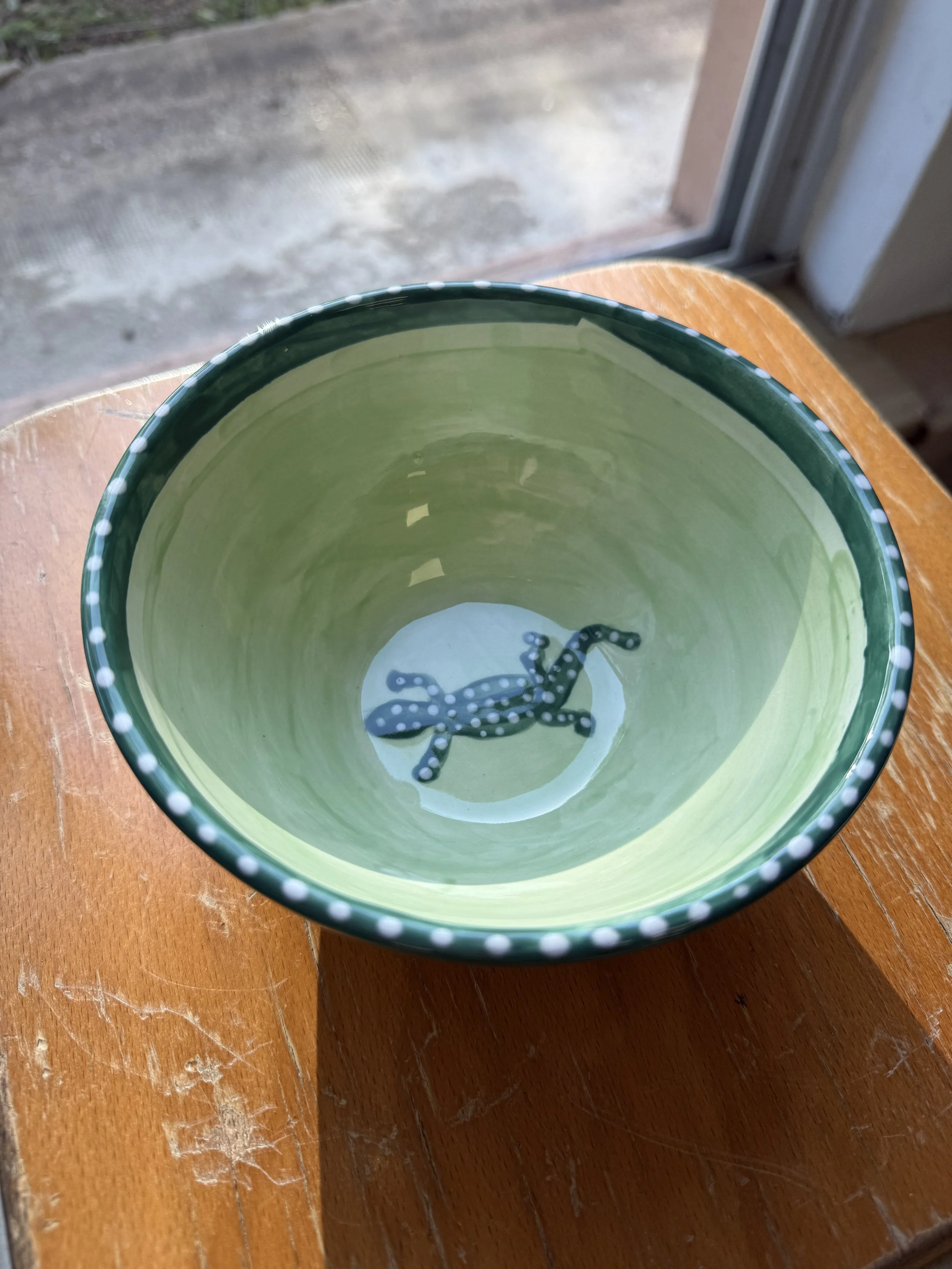 Assiette en céramique verte avec un lizard peint au centre, posée sur une table en bois près d'une fenêtre.
