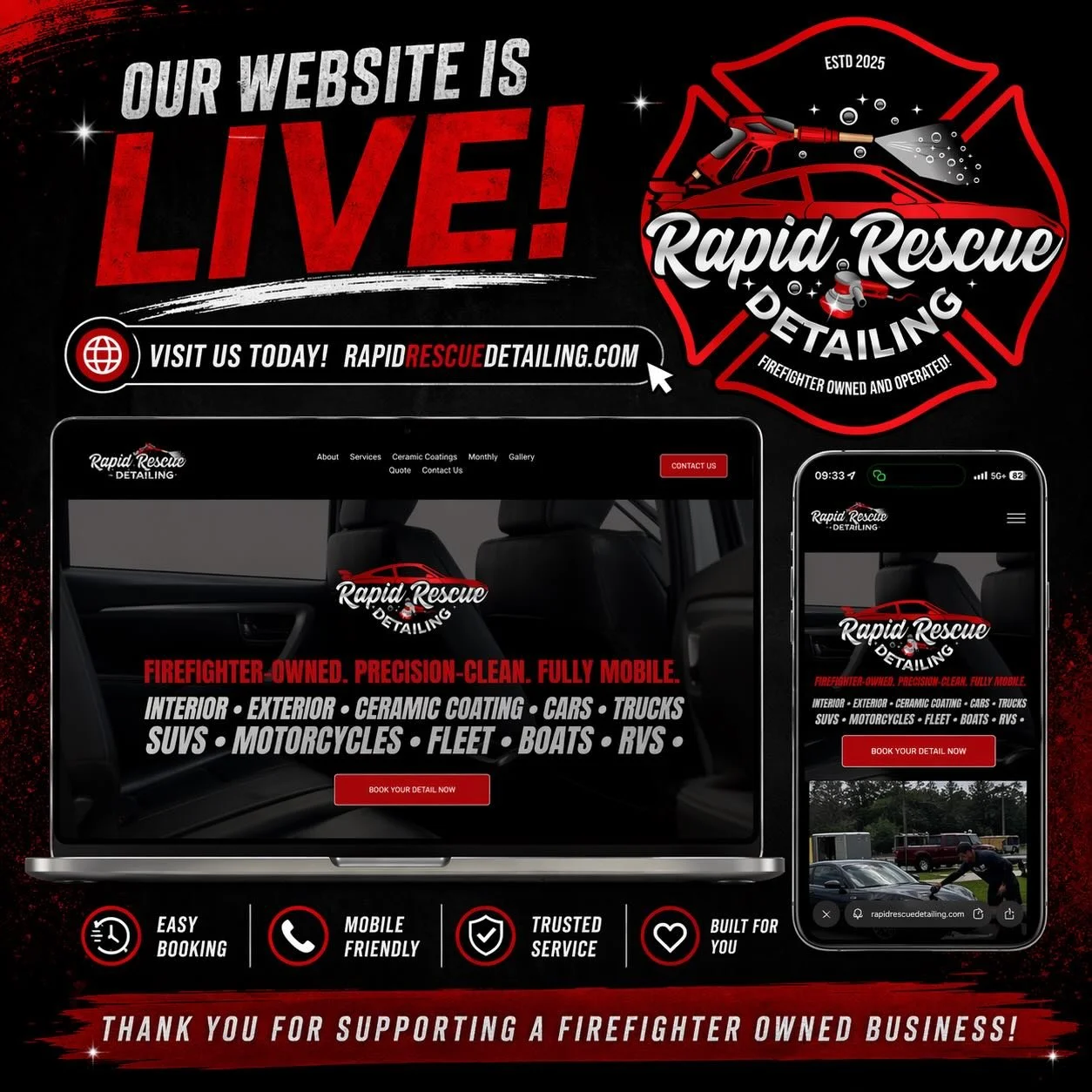 🚨 WEBSITE IS LIVE 🚨

You can now book, learn about our services, and stay connected all in one place.
From professional detailing to ceramic coatings and maintenance plans &mdash; it&rsquo;s all right here.

👉 Visit us at RapidRescueDetailing.com
