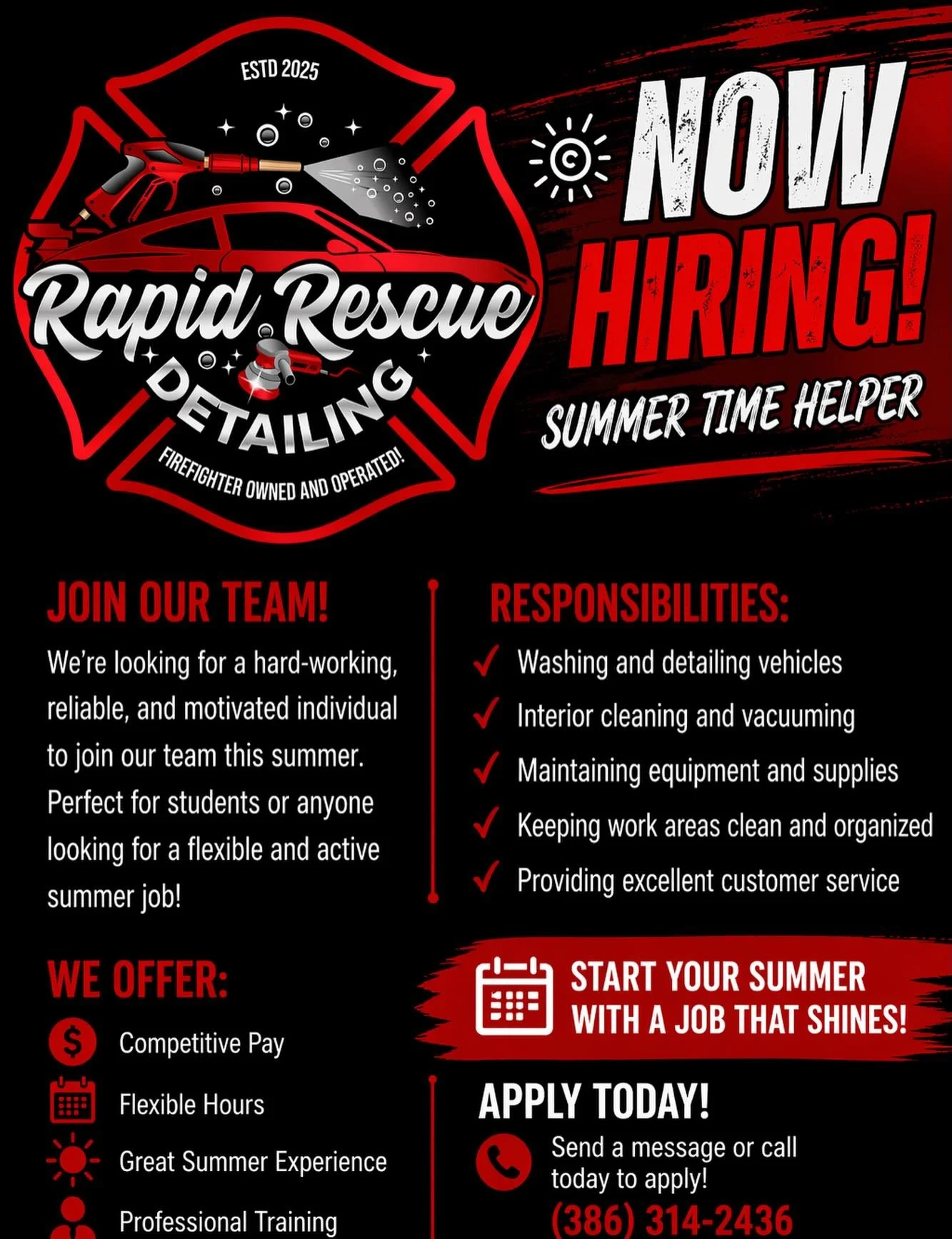 🚨 Summer is here and We&rsquo;re Hiring! 🚨

Rapid Rescue Detail is looking for a hardworking and reliable Summer Helper to join our team.

If you enjoy working around vehicles and want to gain hands-on experience, we&rsquo;d love to hear from you!

