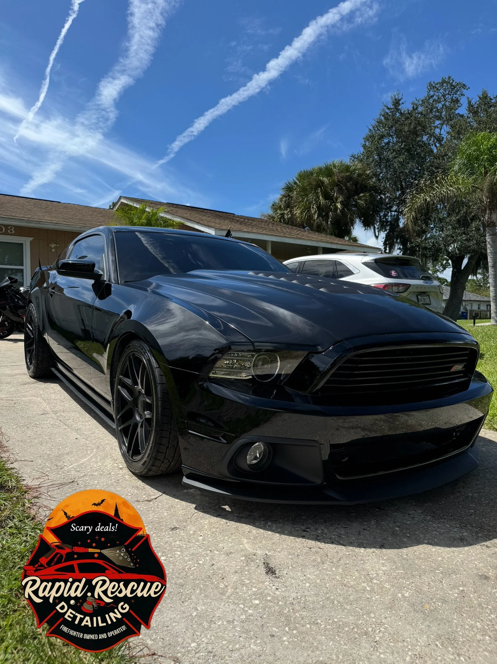 Black muscle car parked in driveway with a white SUV behind it and palm trees in the background, with a blue sky and clouds overhead.