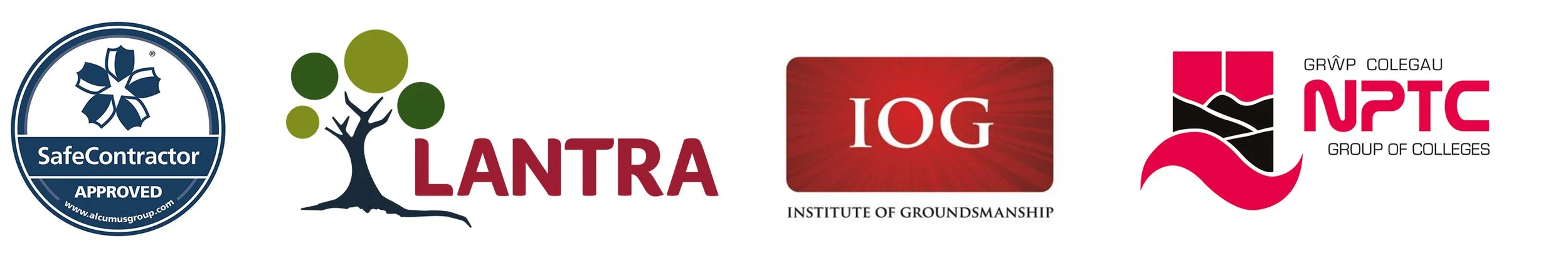 Logos of various organizations including SafeContractor Approved, LANTRA, Institute of Groundsmanship (IOG), and NPTC Group of Colleges.
