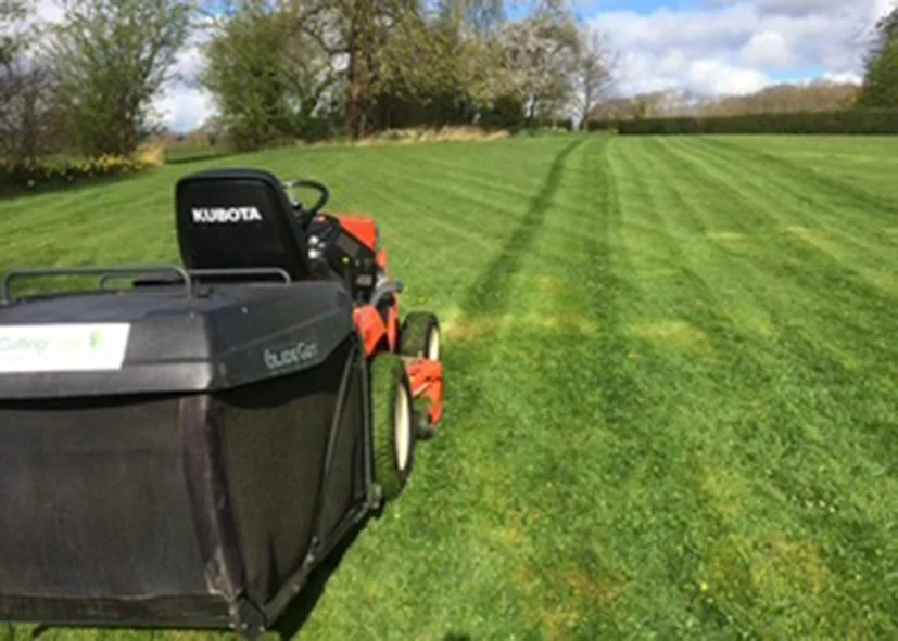 A Kubota riding lawn mower cutting grass on a well-maintained lawn in a park or backyard with trees in the background.