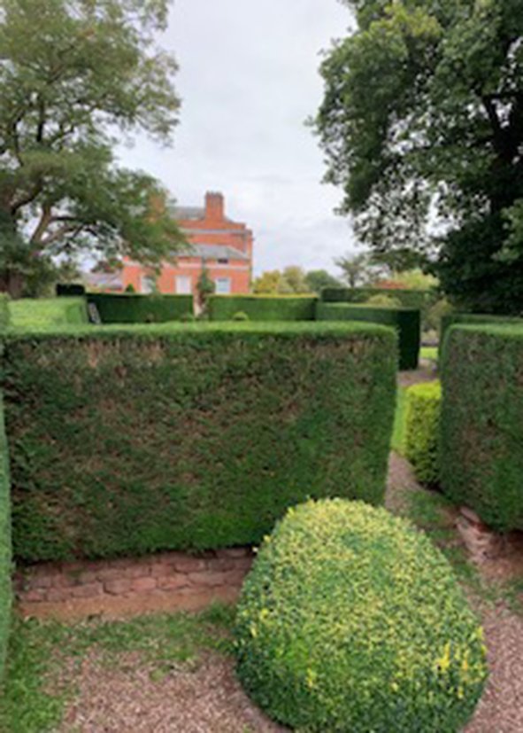 A garden with neatly trimmed, quamed hedges and shrubs, with a brick building in the background, and trees on the sides on a cloudy day.