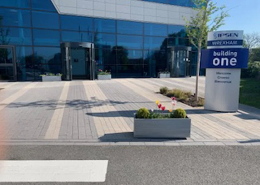 Modern office building with reflective glass facade, glass entrance doors, a sidewalk with striped paving, potted plants, and a sign that reads 'building one' in front.