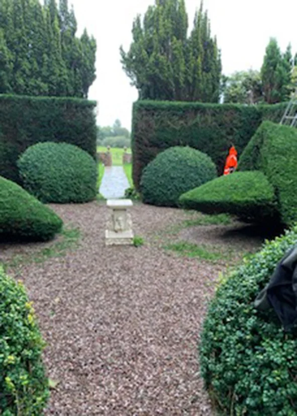 A neatly trimmed garden with bushes and trees forming symmetry, gravel pathway, small sculpture in the center, and a person in an orange jacket in the background.