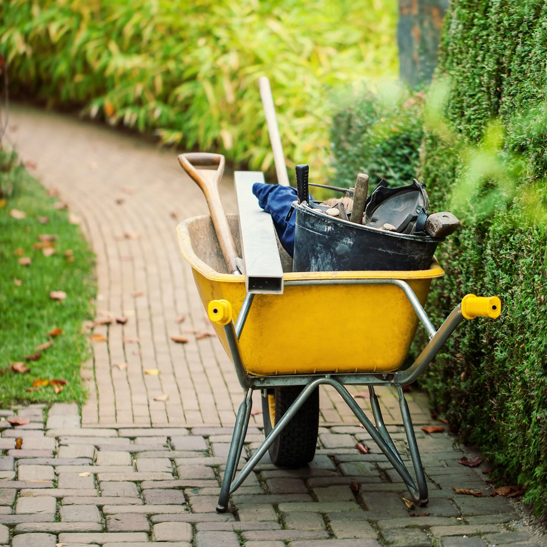 Yellow wheelbarrow filled with gardening tools on a brick pathway with bushes and greenery in the background.