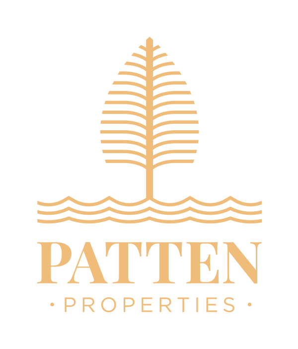 Logo for PATTEN PROPERTIES featuring a stylized leaf above wavy lines.