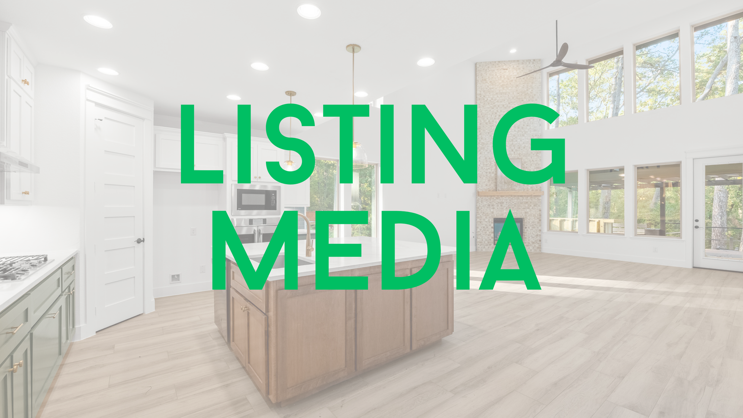 Interior view of a modern, bright kitchen and living area with large windows, white walls, and wooden floors, overlaid with the text 'Listing Media' in green.